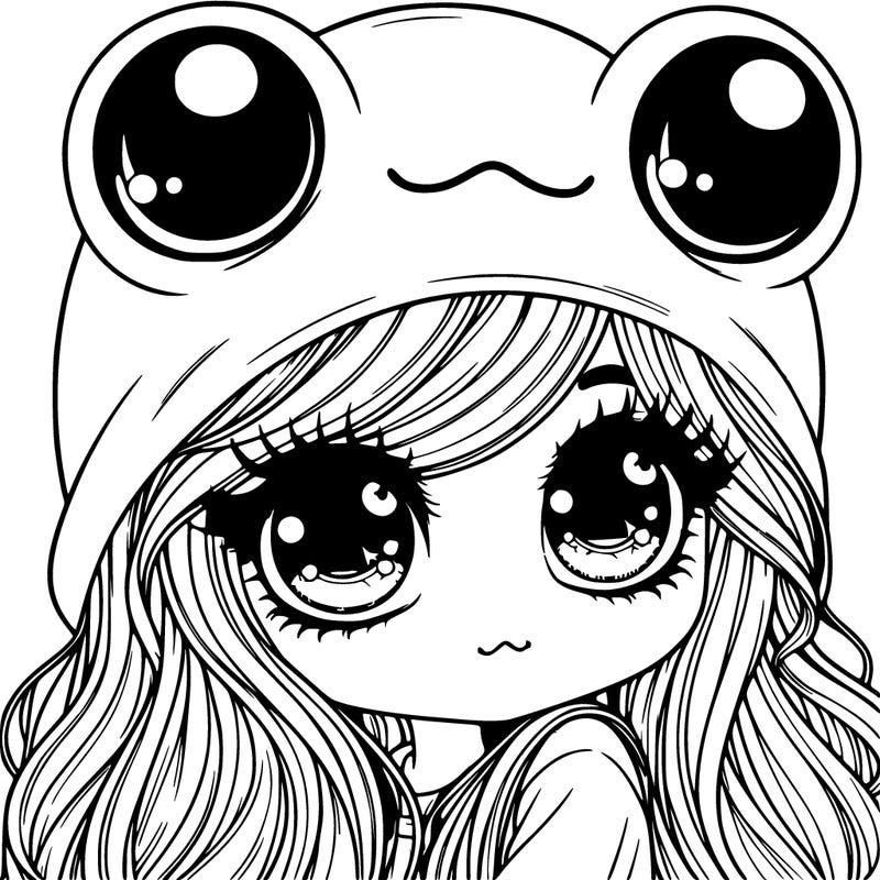 a realistic girl wearing a frog hat with long hair with bubble eyes