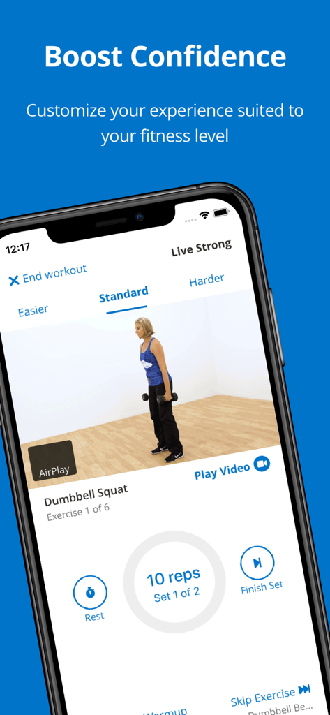 A guided workout session in the SilverSneakers GO app featuring a dumbbell squat exercise with adjustable difficulty levels.