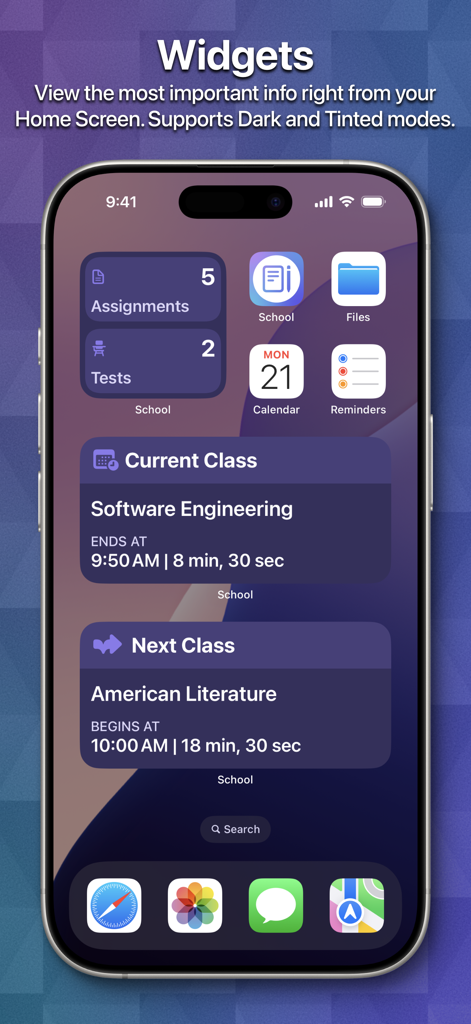 iPhone home screen displaying school planner widgets for assignments and class schedules
