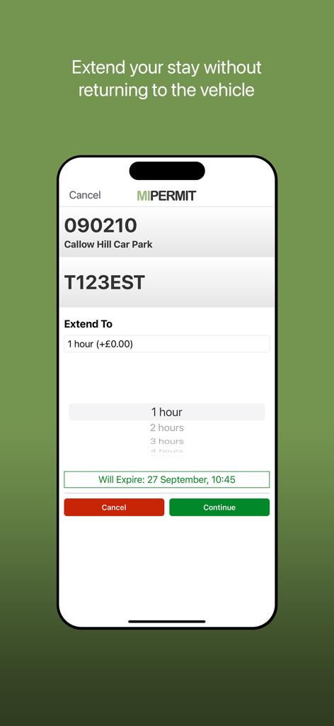MiPermit - MiPermitアプリインターフェース。モバイルデバイスからCallow Hill Car Parkでの駐車時間を延長する方法を表示します。