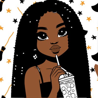 realistic girl holding a boba with braided hair