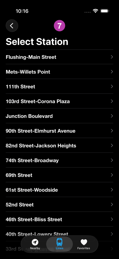 Now Departing - Interface of Now Departing app showing a list of stations for the NYC Subway 7 line