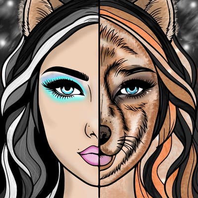 split face realistic woman and wolf