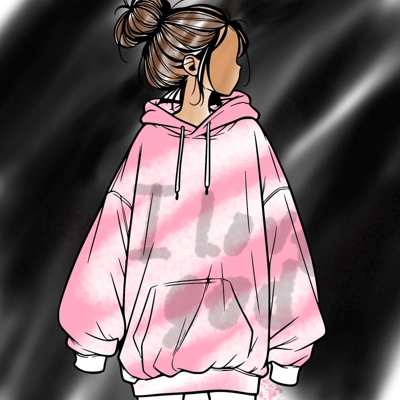 realistic girl with a oversized sweatshirt on and a bun