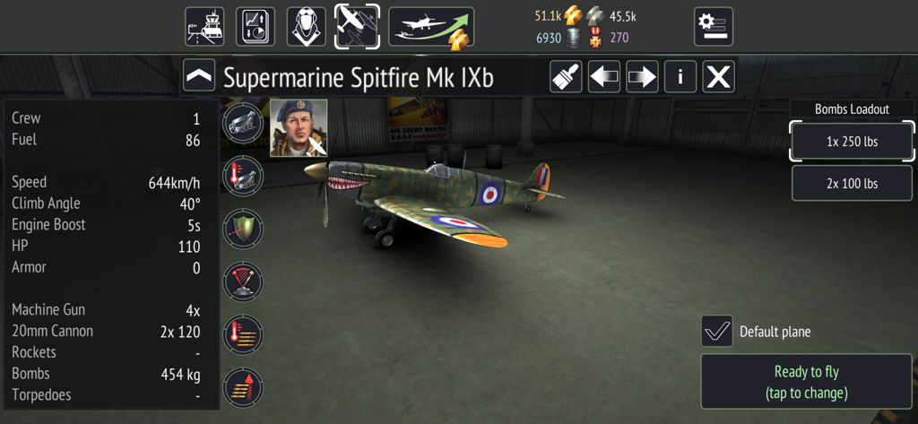 Warplanes: WW2 Dogfight FULL - Supermarine Spitfire plane customization and stats menu in Warplanes WW2 Dogfight