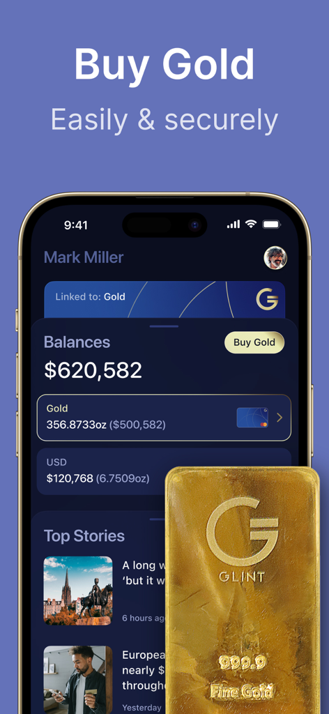 Glint mobile app dashboard showing gold and currency balances with a physical gold bar illustration