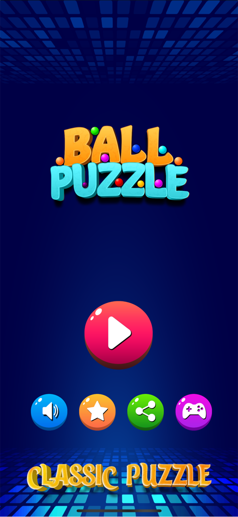 Ball Puzzle: Sort Color Balls - Pantalla del menú principal del juego Ball Puzzle Sort Color Balls mostrando un botón de reproducir y opciones del juego