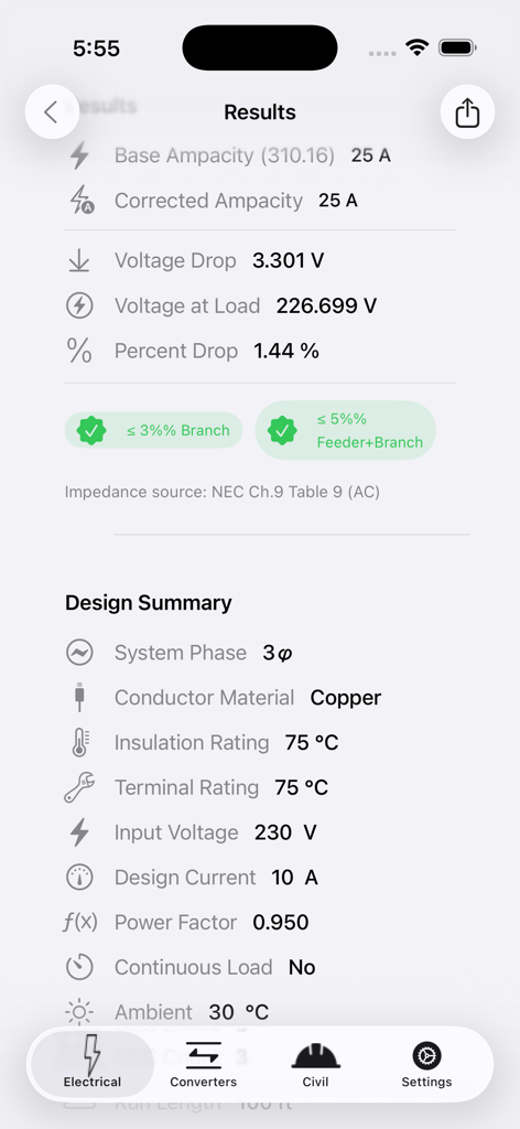 Electrical Calculator lite - Pantalla de resultados que muestra los cálculos de caída de voltaje y amperaje para ingeniería eléctrica.