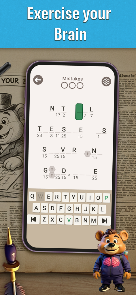 CodeWords: Cryptogram Puzzles - 脳のトレーニングメッセージとクマのマスコットを備えたクリプトグラムパズルゲーム画面