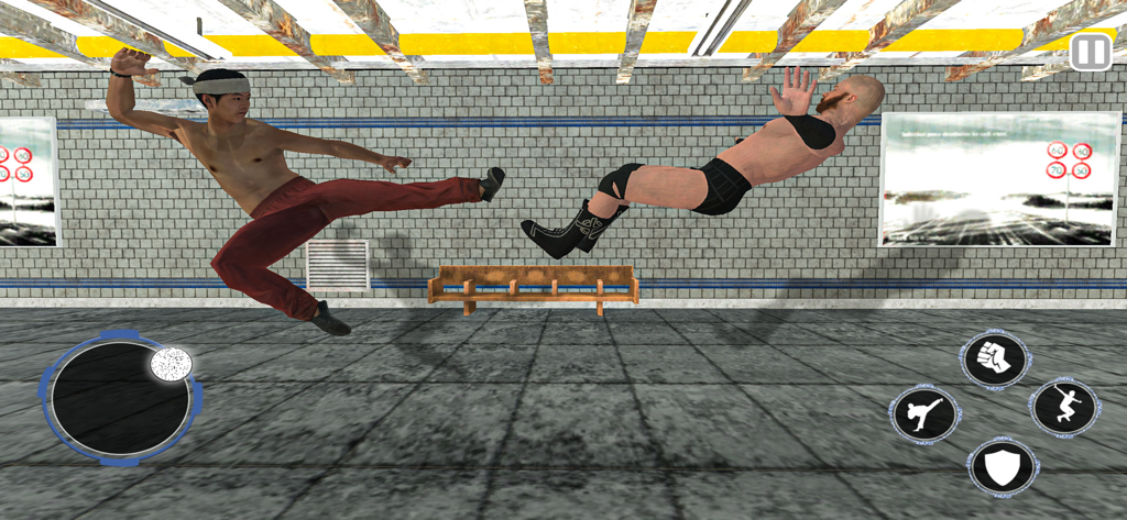 Street Kung FU Fighter Game 3D - A 3D martial arts fighter performing a flying kick in a subway station