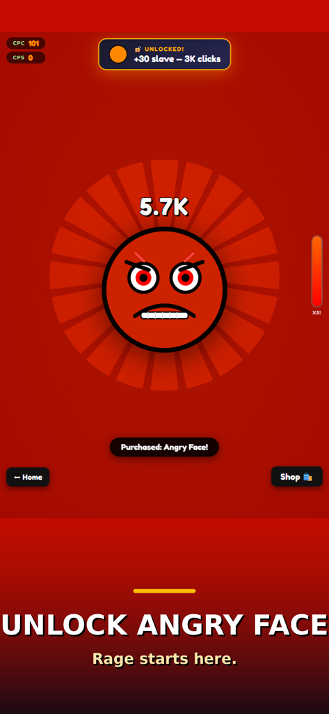 Captura de pantalla del juego Fun Clicker Brainrot mostrando el personaje desbloqueado de meme Cara Enfada, de color rojo, con una puntuación de clics de 5.7K