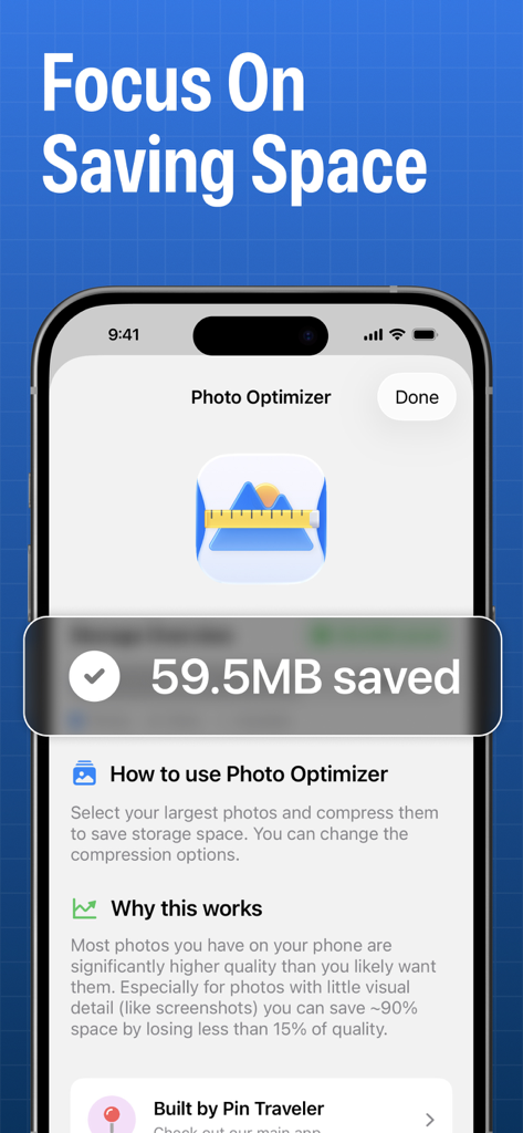 사진 최적화 앱이 표시되고 절약된 저장 공간을 나타내는 메시지가 표시되는 스마트폰 화면