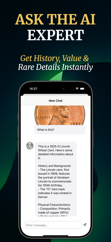 Coin Scanner - Coinx - Interfaz de chat de IA que muestra el historial detallado y la identificación de un centavo de 1925