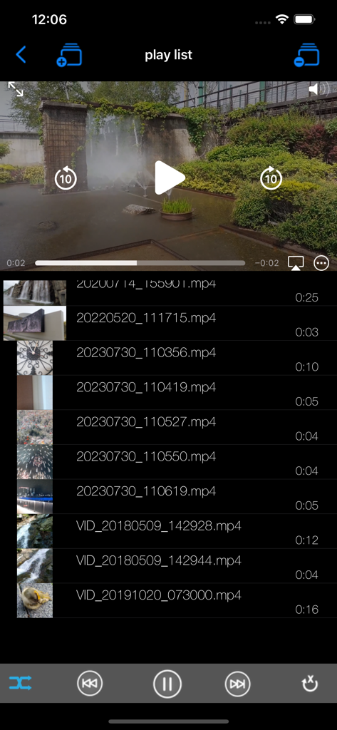 A mobile video player interface showing a video playlist with file names, thumbnails, and playback controls at the bottom.