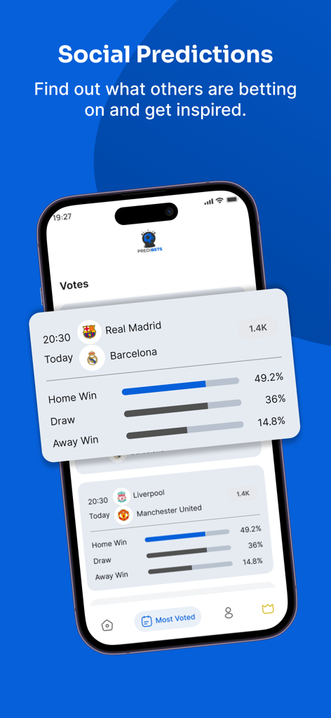 Predibets: Betting Predictions - Mobile app interface showing social predictions and community voting percentages for football matches