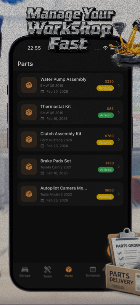 Mechanics Manager - Screenshot of the Mechanics Manager app parts management screen showing order statuses for vehicle repairs