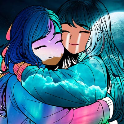 realistic two girls hugging