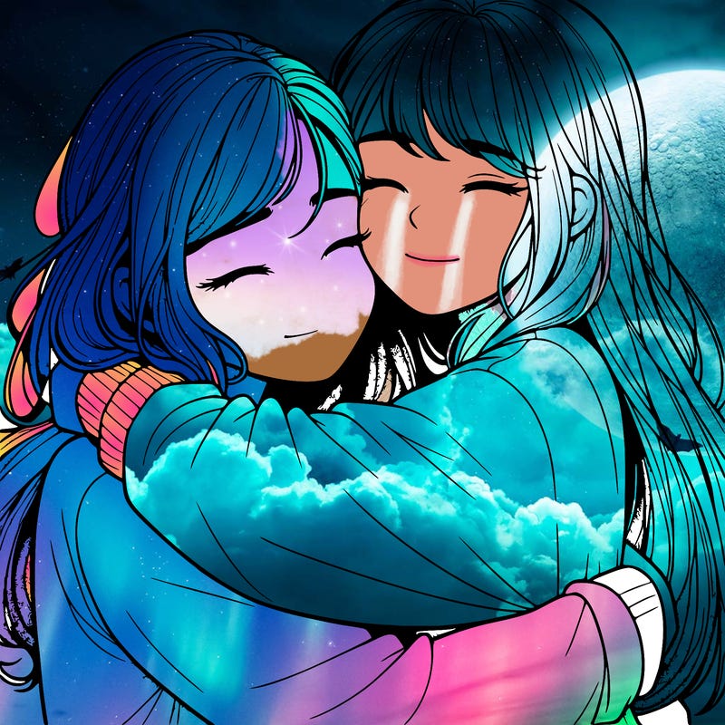 realistic two girls hugging