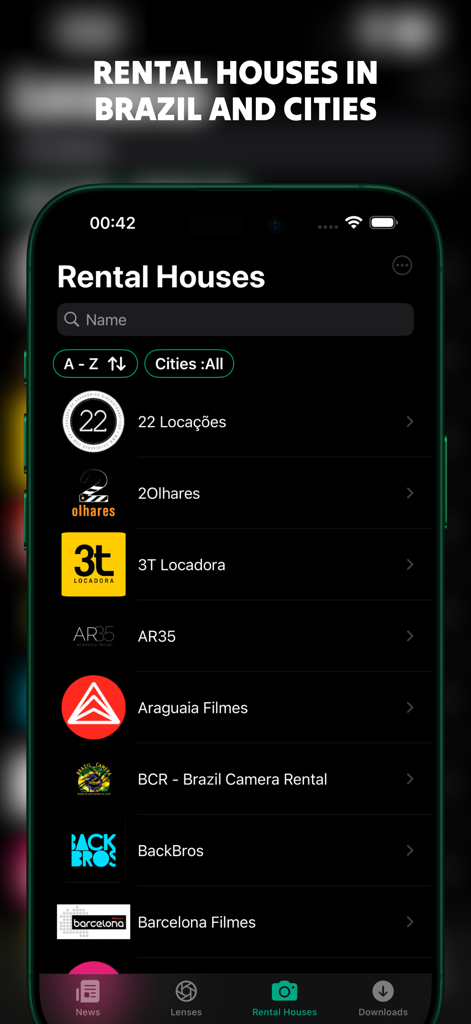 Screenshot of the Lens Rental app displaying a list of film equipment rental houses in Brazil