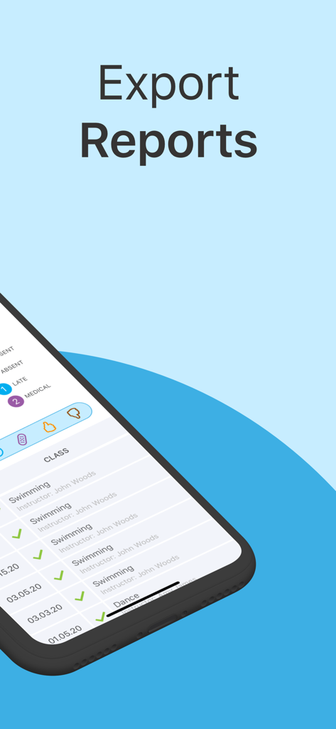 Alora attendance tracker interface showing export reports screen and class attendance logs.