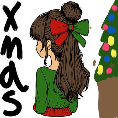 realistic girl  with hip length hair a bun and a big bow on the back of head