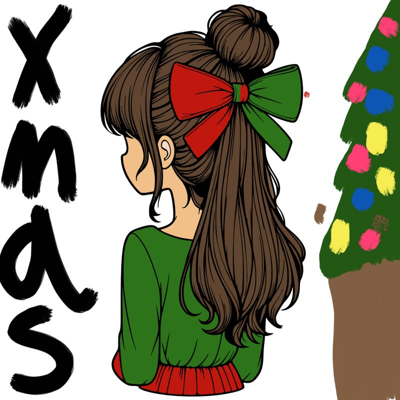 realistic girl  with hip length hair a bun and a big bow on the back of head