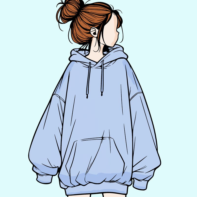 realistic girl with a oversized sweatshirt on and a bun