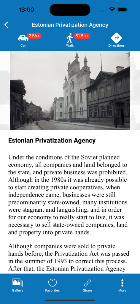 NaviCup - NaviCup app interface showing a historical point of interest with a black and white photo and navigation options for walking or driving