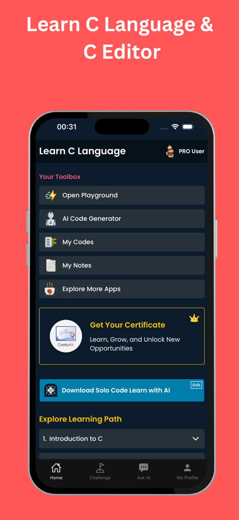 Learn C & IDE - CoddyKit - Interfaz de la aplicación Learn C and IDE CoddyKit que muestra la caja de herramientas de programación y la ruta de aprendizaje