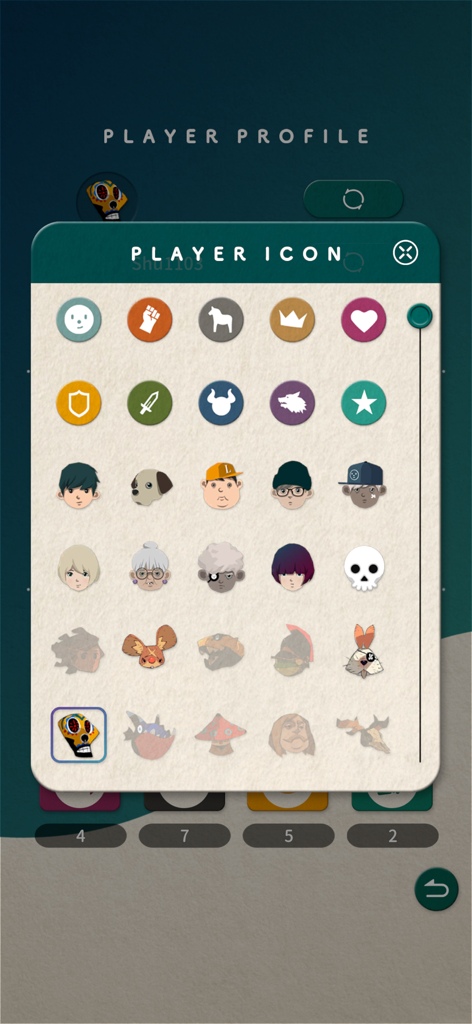 MEMORICA - MEMORICA player profile screen showing a variety of selectable icons and avatars for user customization