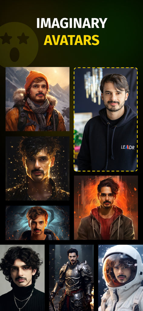 AI Video Face Swap : Deep Swap - Uma colagem mostrando o rosto de um homem trocado em múltiplos personagens imaginários como um astronauta, um cavaleiro e um alpinista