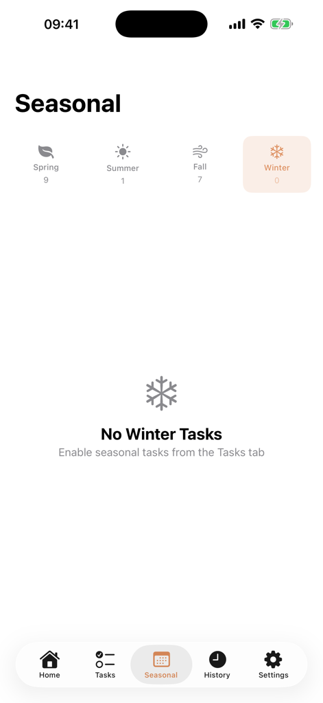 Screenshot of the seasonal dashboard in the HomeKeep app showing task counts for Spring Summer Fall and Winter