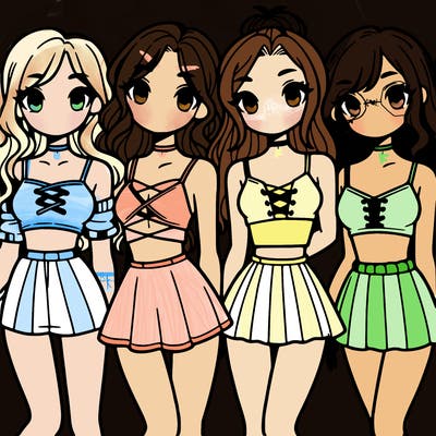 four girls with crop tops and skirts