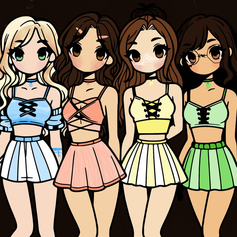 four girls with crop tops and skirts