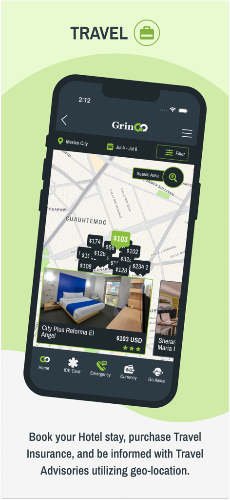 GrinGO travel app screen showing a map with hotel price pins in Mexico City