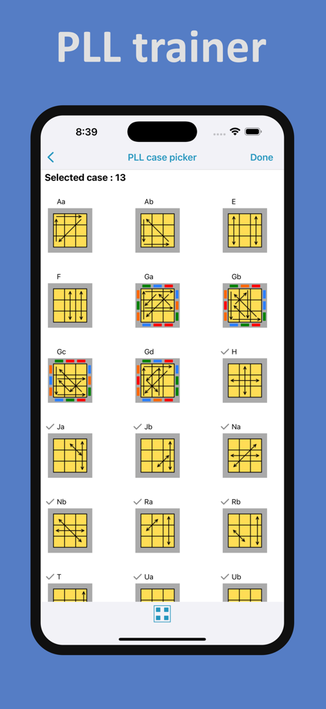 My Cube Timer - PLL trainer screen for Rubik's cube algorithms in My Cube Timer app.