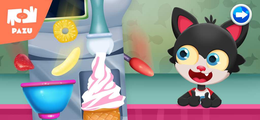Paw Kitchen Kids Cooking Games - A cartoon cat excitedly watching a pink and white soft serve ice cream cone being made in a kids cooking game.