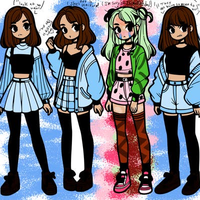 one girl with crop-top shirt and a jacket with a skirt, long socks and another girl with a shirt and pants with a jacket