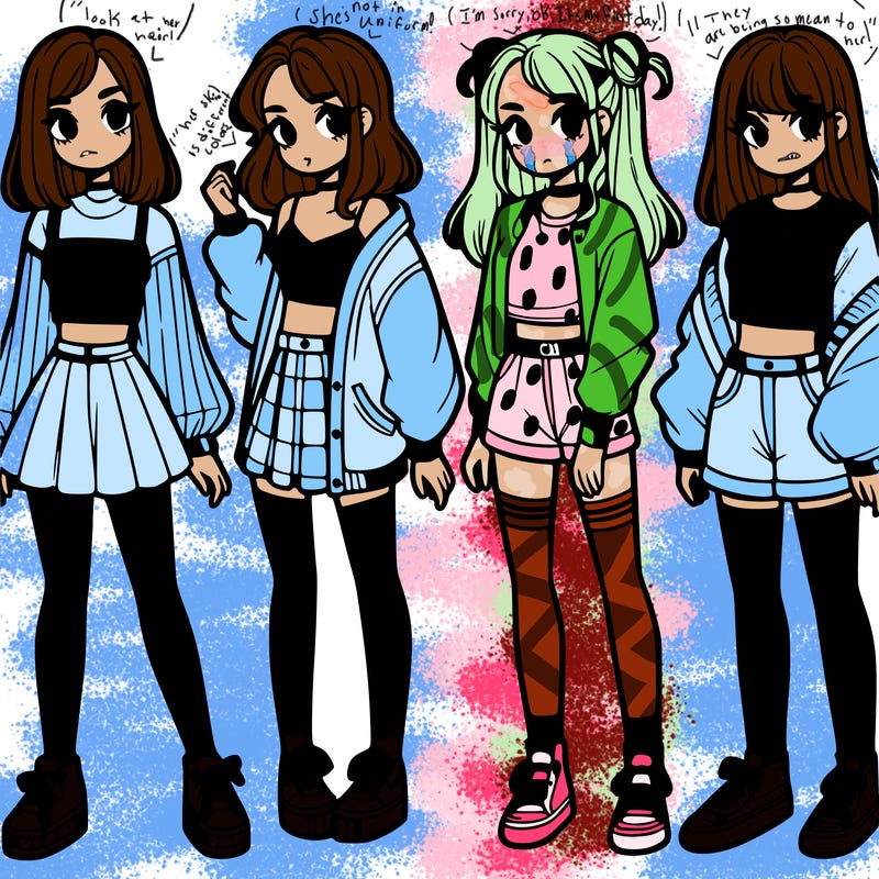 one girl with crop-top shirt and a jacket with a skirt, long socks and another girl with a shirt and pants with a jacket