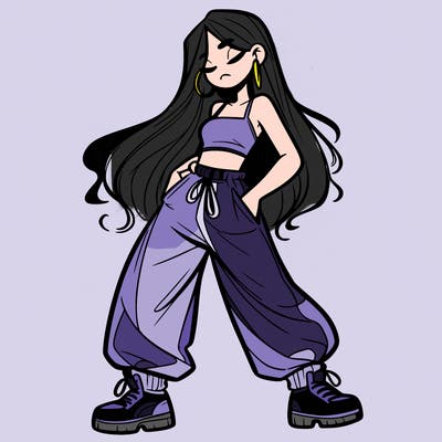 girl in baggy pants crop top and long hair