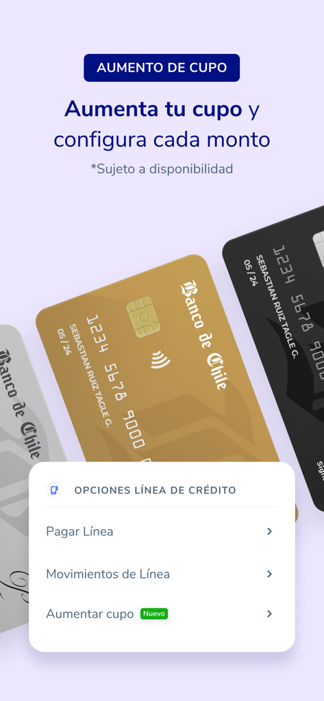 Pantalla de la aplicación Mi Banco Chile que muestra la gestión de la línea de crédito y las opciones de aumento de límite.