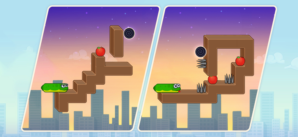 Snake Puzzle: Slither to Eat! - Two levels of Snake Puzzle showing a green snake navigating platforms to eat apples and avoid spikes