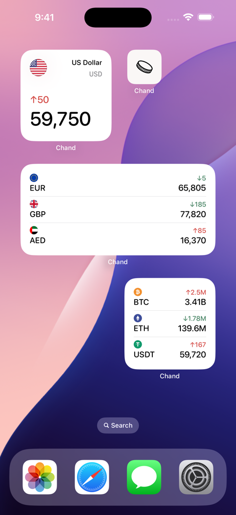 iPhone home screen with Chand widgets displaying real-time currency and cryptocurrency exchange rates