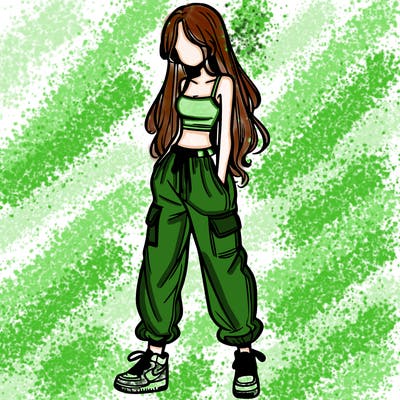 girl in baggy pants crop top and long hair