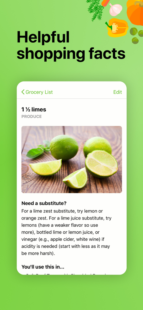 Benutzeroberfläche der Mealime-App mit Fakten zum Lebensmitteleinkauf und Zutatenersatz für Limetten
