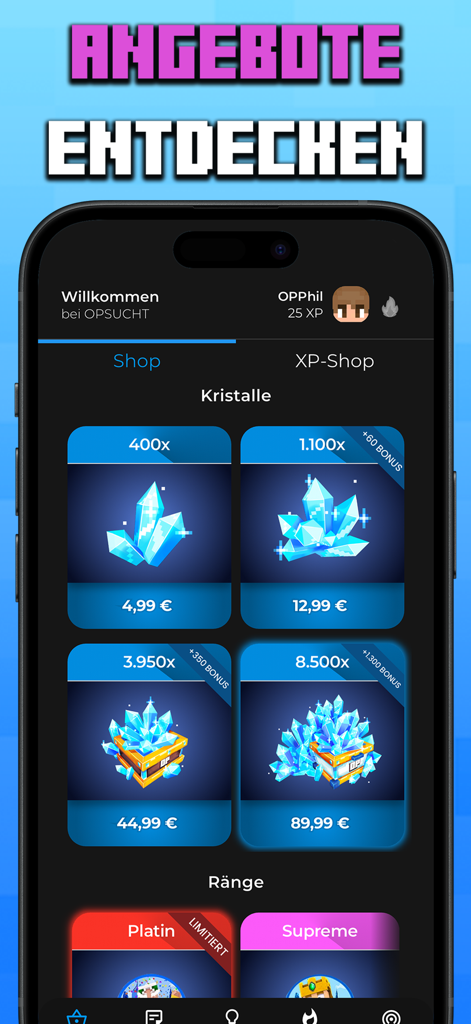 Interface de la boutique en jeu de l'application OPSUCHT montrant des paquets de cristaux et leurs prix.