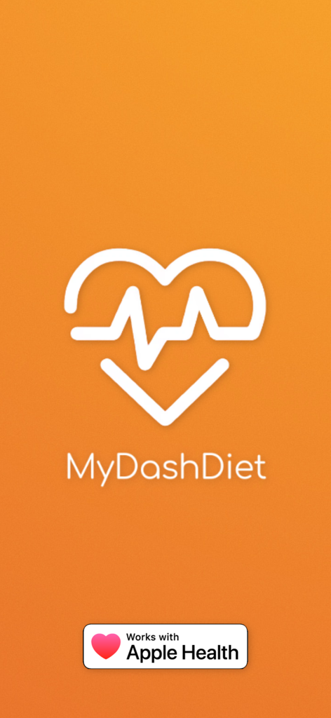 My Dash Diet: Sodium Tracker - Schermata iniziale dell'app MyDashDiet con un logo del battito cardiaco e badge di integrazione con Apple Health su sfondo arancione.