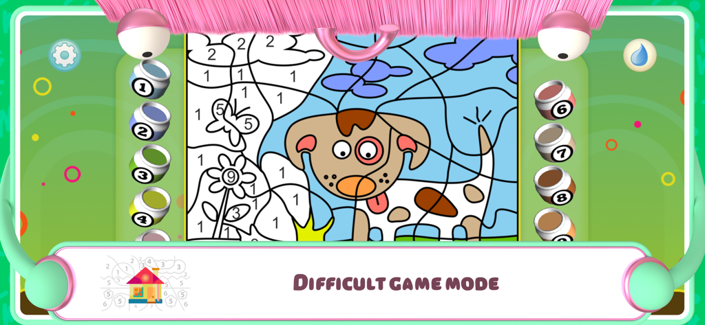 Color by Numbers - Animals + - Screenshot of the difficult game mode in Color by Numbers Animals app featuring a dog coloring page