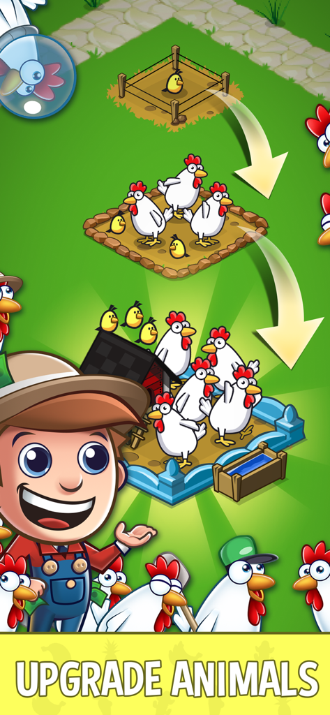 Idle Farming Empire - A cartoon demonstration of upgrading chickens in the Idle Farming Empire mobile game