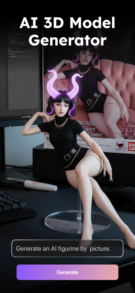 Pantalla del Generador de Modelos 3D con IA en Bananix Pro mostrando una figura digital creada a partir de una imagen